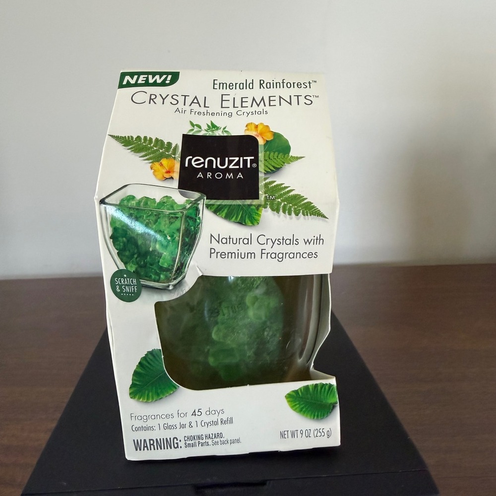 Renuzit Aroma Crystal Elements Emerald Rainforest Air Freshener 9oz Glass Jar NE